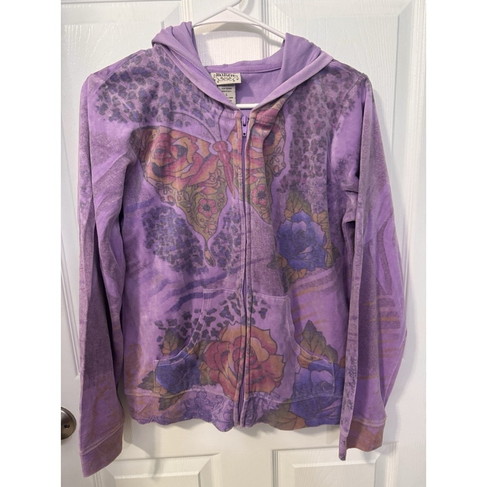 Y2K Miken Womens L Purple Butterfly Rose Leopard Tattoo Graphic Zip Hoodie
